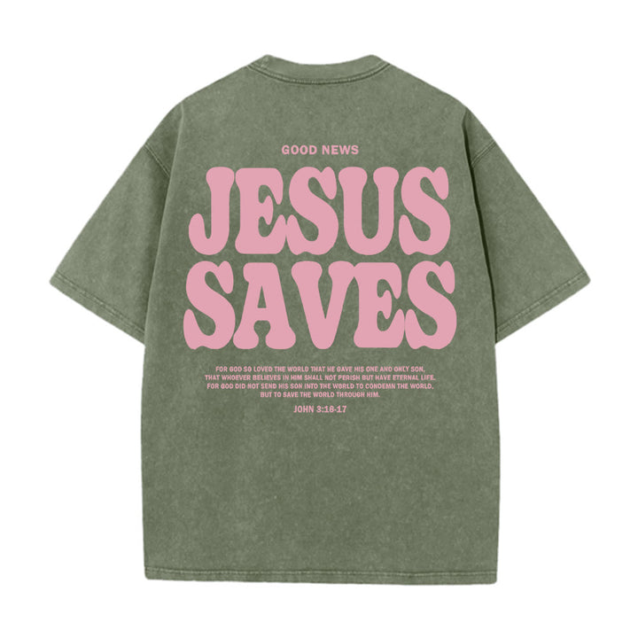 T-shirt unisexe délavé Christianartworkshop Jésus sauve - Vert armée - 5XL - image 0