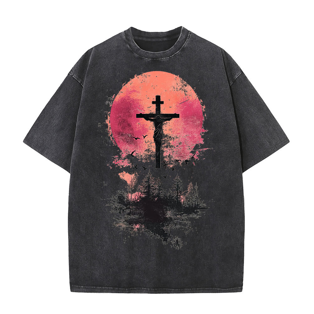 T-shirt unisexe délavé Christianartworkshop avec crucifix divin sur fond de paysage naturel - Noir - 5XL - image 2