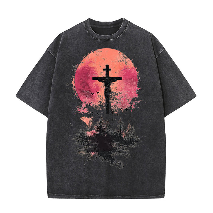 T-shirt unisexe délavé Christianartworkshop avec crucifix divin sur fond de paysage naturel - Noir - 5XL - image 2