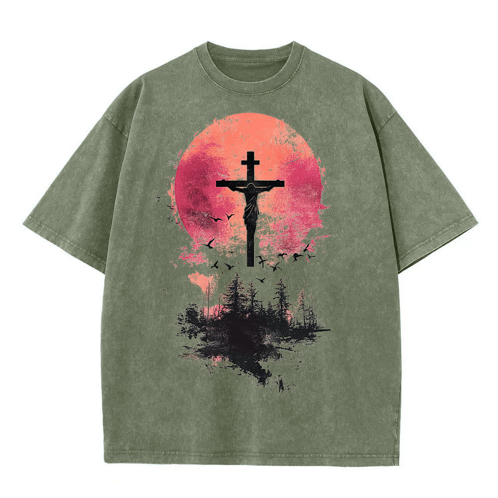T-shirt unisexe délavé Christianartworkshop avec crucifix divin sur fond de paysage naturel - Vert armée - 5XL - image 3