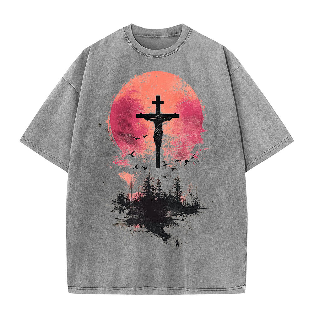 T-shirt unisexe délavé Christianartworkshop avec crucifix divin sur fond de paysage naturel - Gris - 5XL - image 4