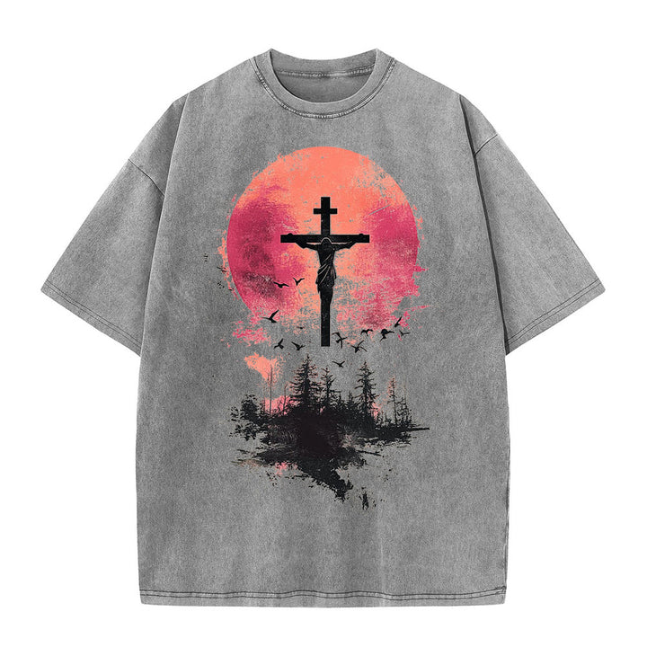 T-shirt unisexe délavé Christianartworkshop avec crucifix divin sur fond de paysage naturel - Gris - 5XL - image 4