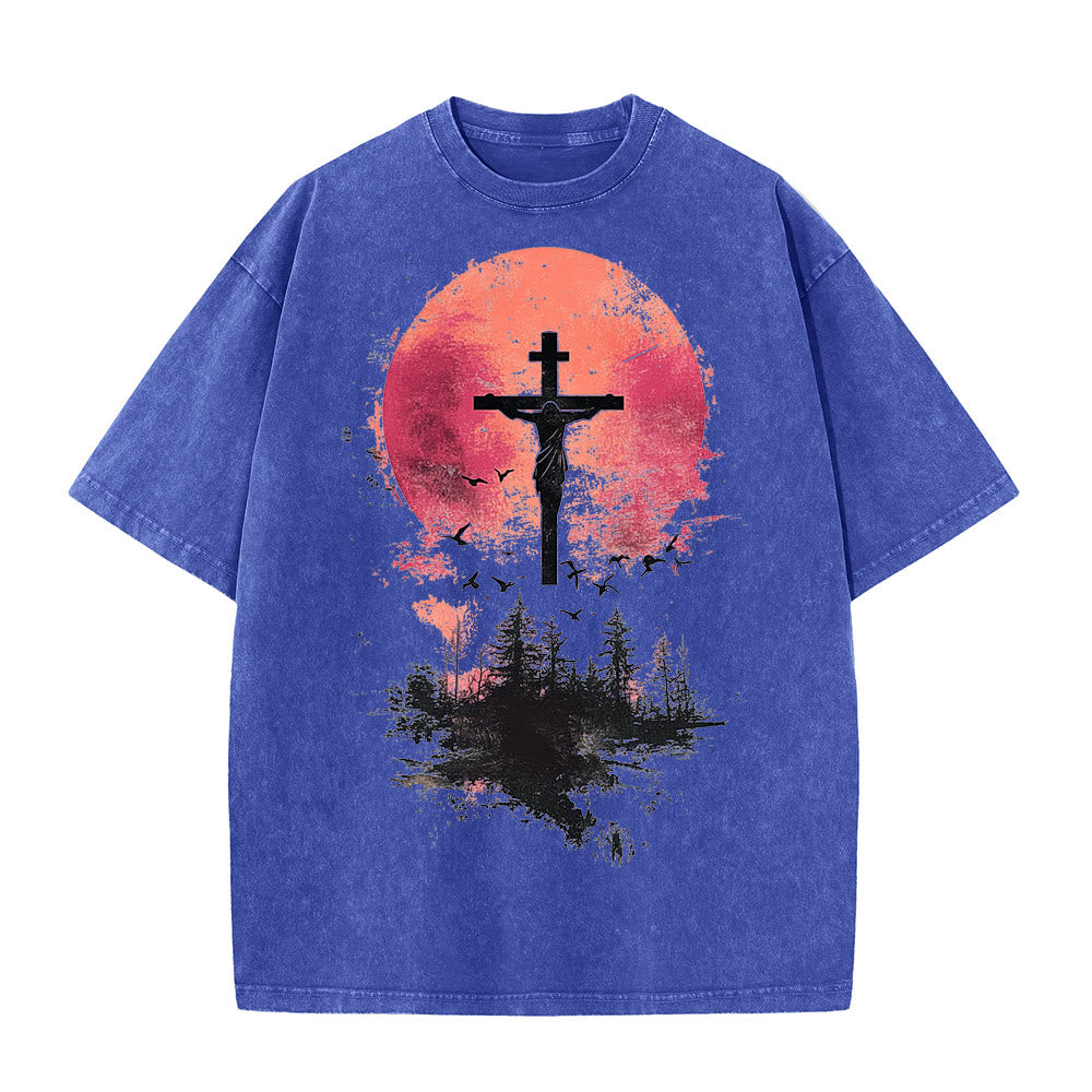 T-shirt unisexe délavé Christianartworkshop avec crucifix divin sur fond de paysage naturel - Bleu - 5XL - image 8
