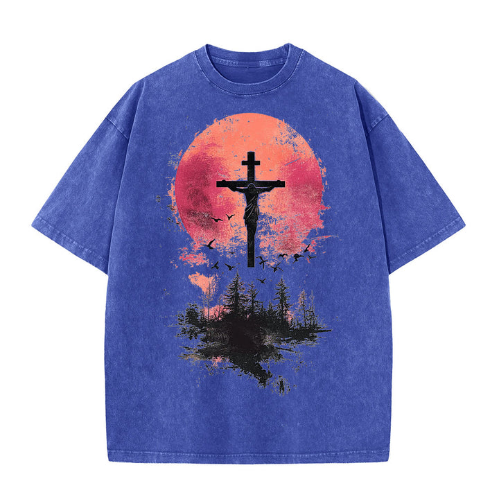 T-shirt unisexe délavé Christianartworkshop avec crucifix divin sur fond de paysage naturel - Bleu - 5XL - image 8