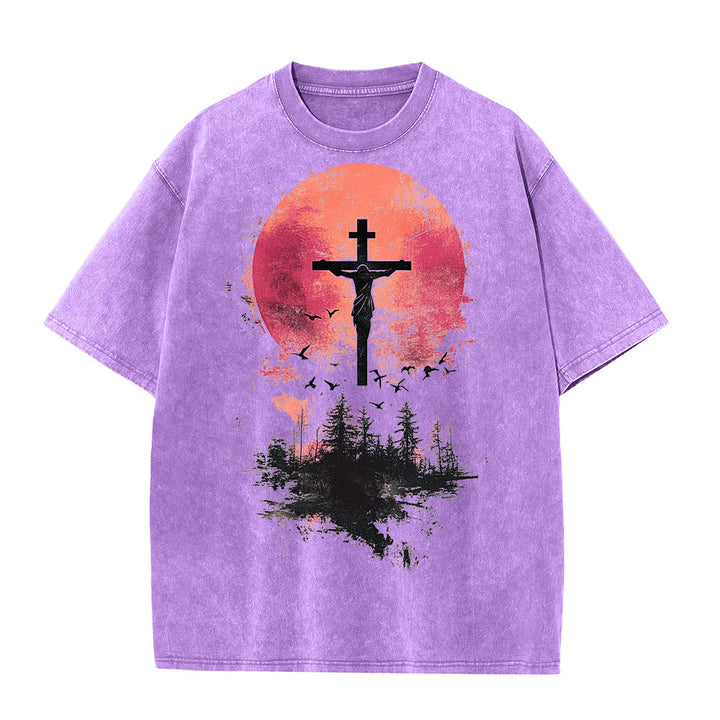 T-shirt unisexe délavé Christianartworkshop avec crucifix divin sur fond de paysage naturel - Violet - 5XL - image 0