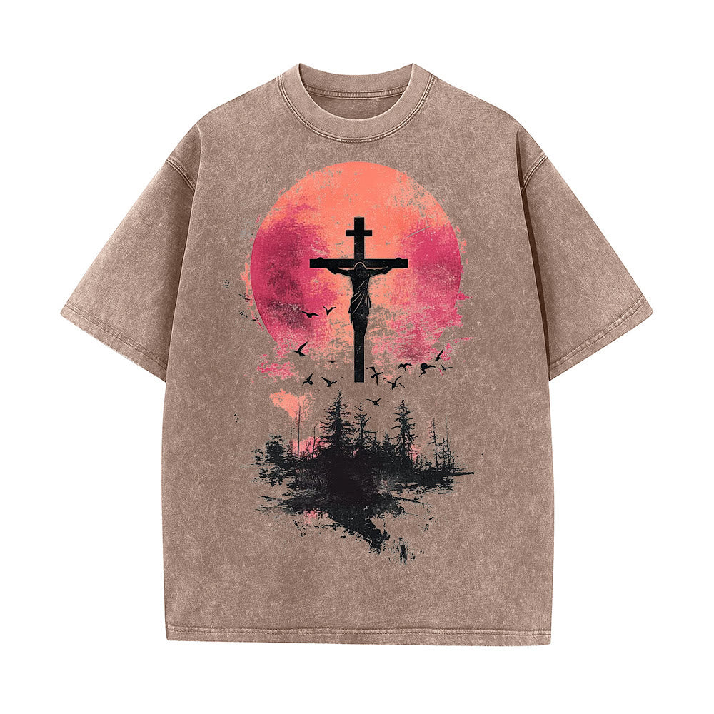 T-shirt unisexe délavé Christianartworkshop avec crucifix divin sur fond de paysage naturel - Café - 5XL - image 7