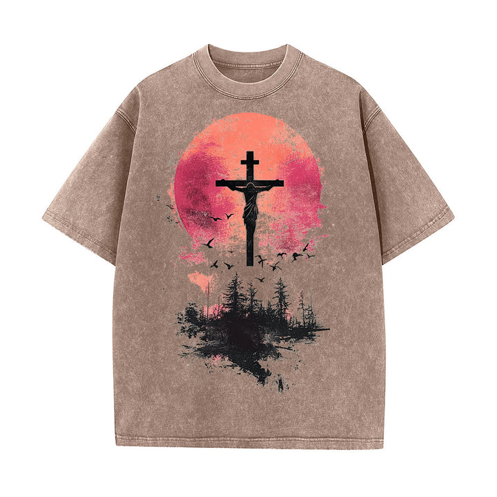 T-shirt unisexe délavé Christianartworkshop avec crucifix divin sur fond de paysage naturel - Café - 5XL - image 7