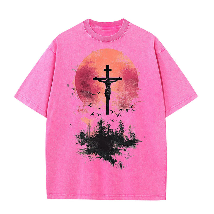 T-shirt unisexe délavé Christianartworkshop avec crucifix divin sur fond de paysage naturel - Rose - 5XL - image 6