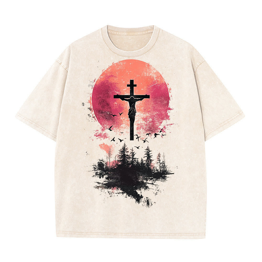T-shirt unisexe délavé Christianartworkshop avec crucifix divin sur fond de paysage naturel - Abricot - 5XL - image 5