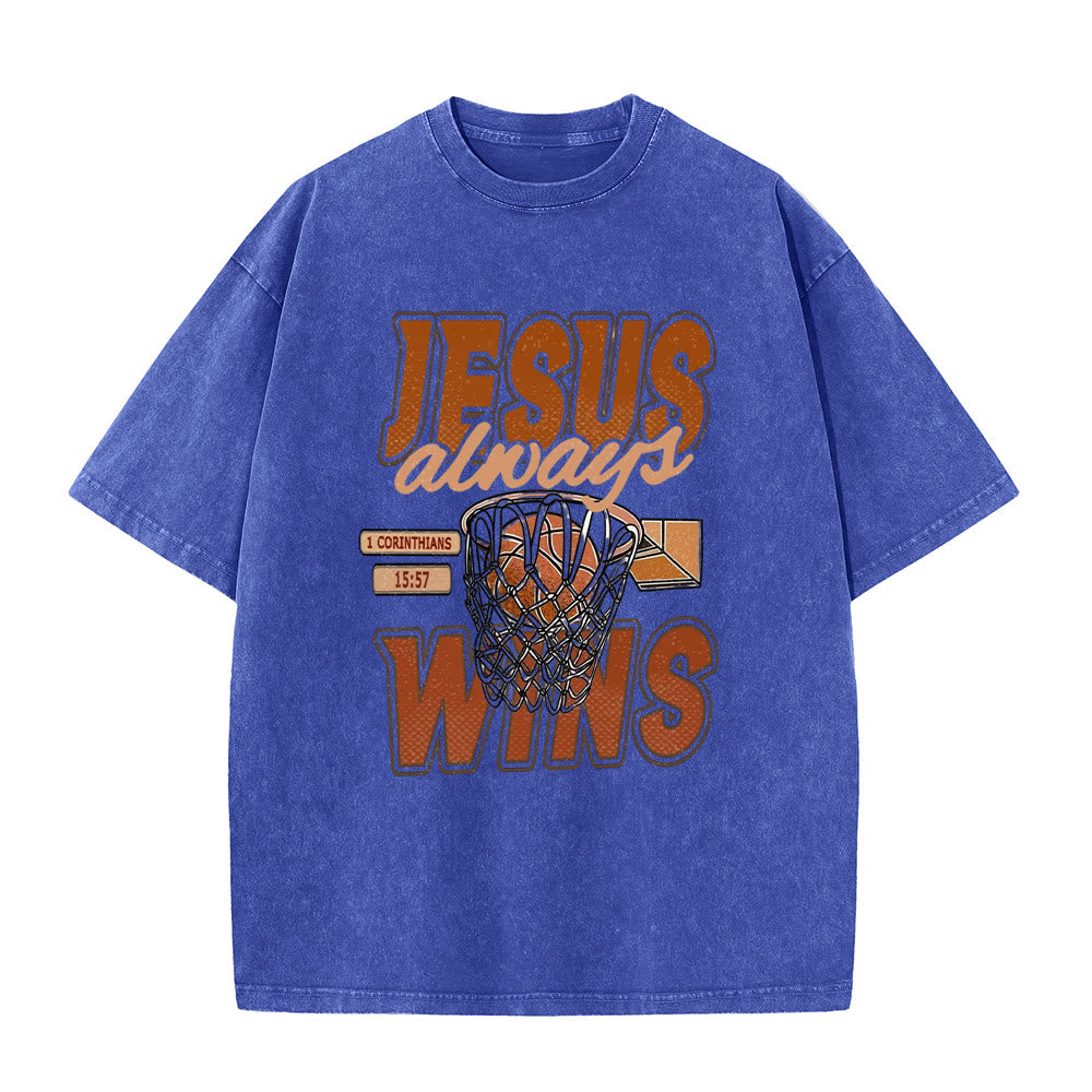 T-shirt unisexe délavé Christianartworkshop « Jésus gagne toujours » avec motif de basketball - Bleu - 5XL - image 8
