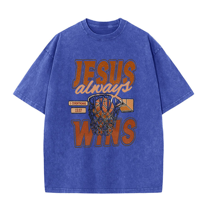 T-shirt unisexe délavé Christianartworkshop « Jésus gagne toujours » avec motif de basketball - Bleu - 5XL - image 8