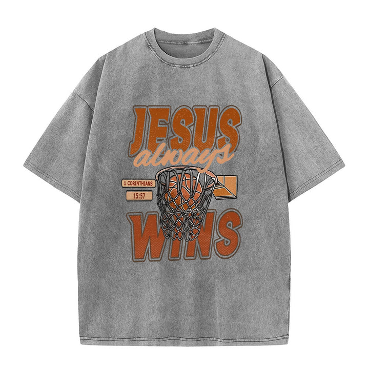 T-shirt unisexe délavé Christianartworkshop « Jésus gagne toujours » avec motif de basketball - Gris - 5XL - image 5