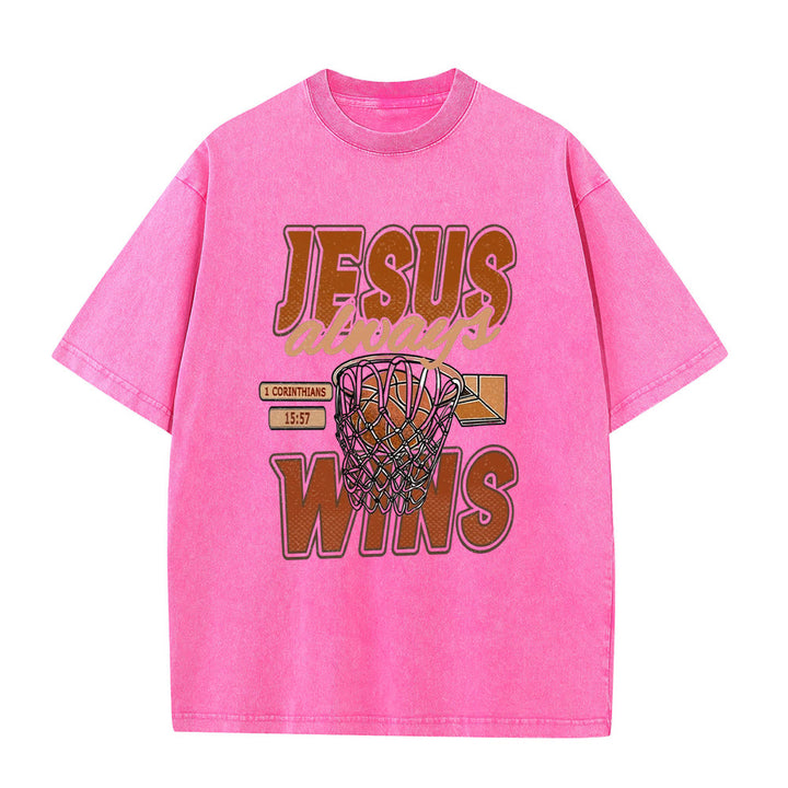 T-shirt unisexe délavé Christianartworkshop « Jésus gagne toujours » avec motif de basketball - Rose - 5XL - image 3