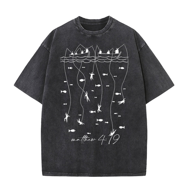 T-shirt unisexe délavé Christianartworkshop, motif biblique de pêche - Noir - 5XL - image 3
