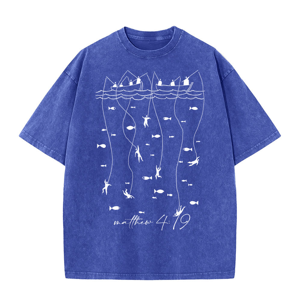 T-shirt unisexe délavé Christianartworkshop, motif biblique de pêche - Bleu - 5XL - image 0