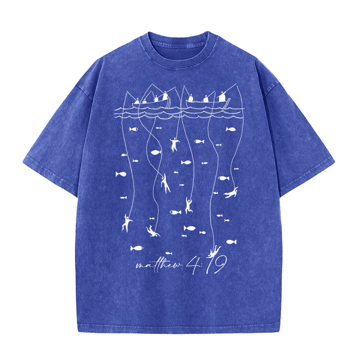 T-shirt unisexe délavé Christianartworkshop, motif biblique de pêche - Bleu - 5XL - image 0