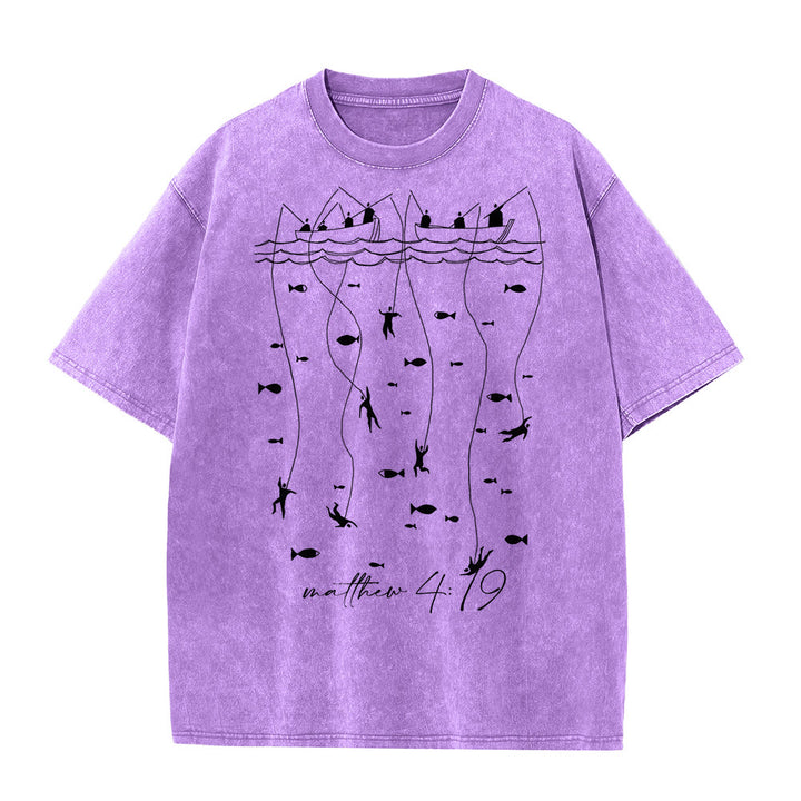 T-shirt unisexe délavé Christianartworkshop, motif biblique de pêche - Violet - 5XL - image 2