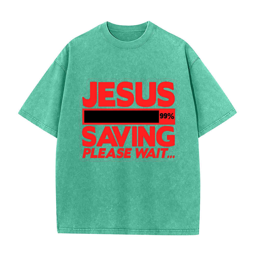 T-shirt unisexe délavé Christianartworkshop « Jésus sauve, veuillez attendre » - Vert - 5XL - image 0