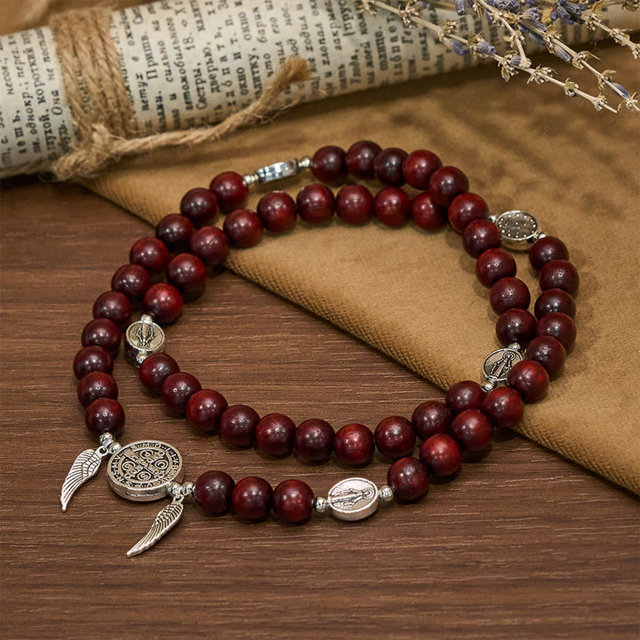 Christianartworkshop Bracelet double gardien en perles de bois avec Saint Benoît et médaille miraculeuse - image 11