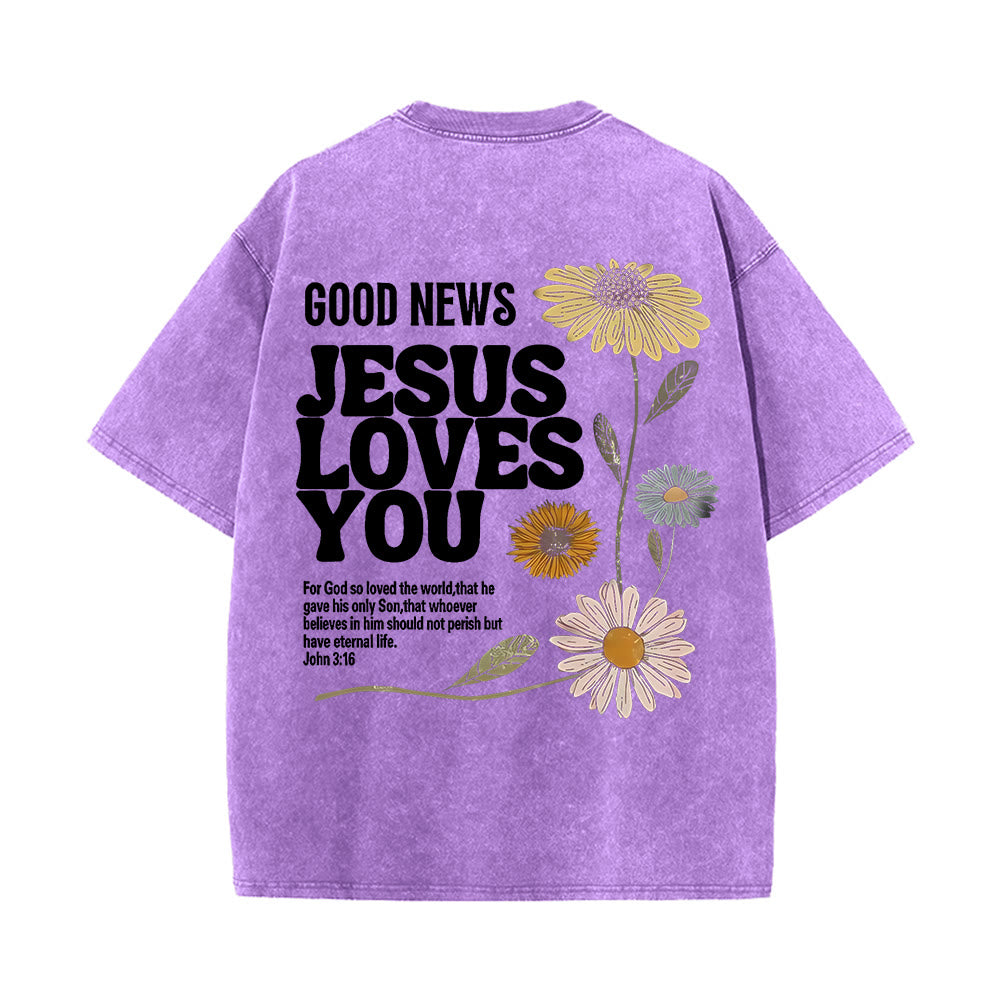 T-shirt unisexe délavé Christianartworkshop « Bonne nouvelle, Jésus vous aime » - Violet - 5XL - image 0