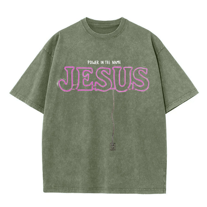 T-shirt unisexe délavé Christianartworkshop « La puissance dans le nom de Jésus » - Vert armée - 5XL - image 2