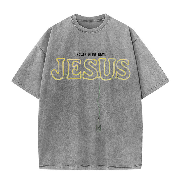 T-shirt unisexe délavé Christianartworkshop « La puissance dans le nom de Jésus » - Gris - 5XL - image 1