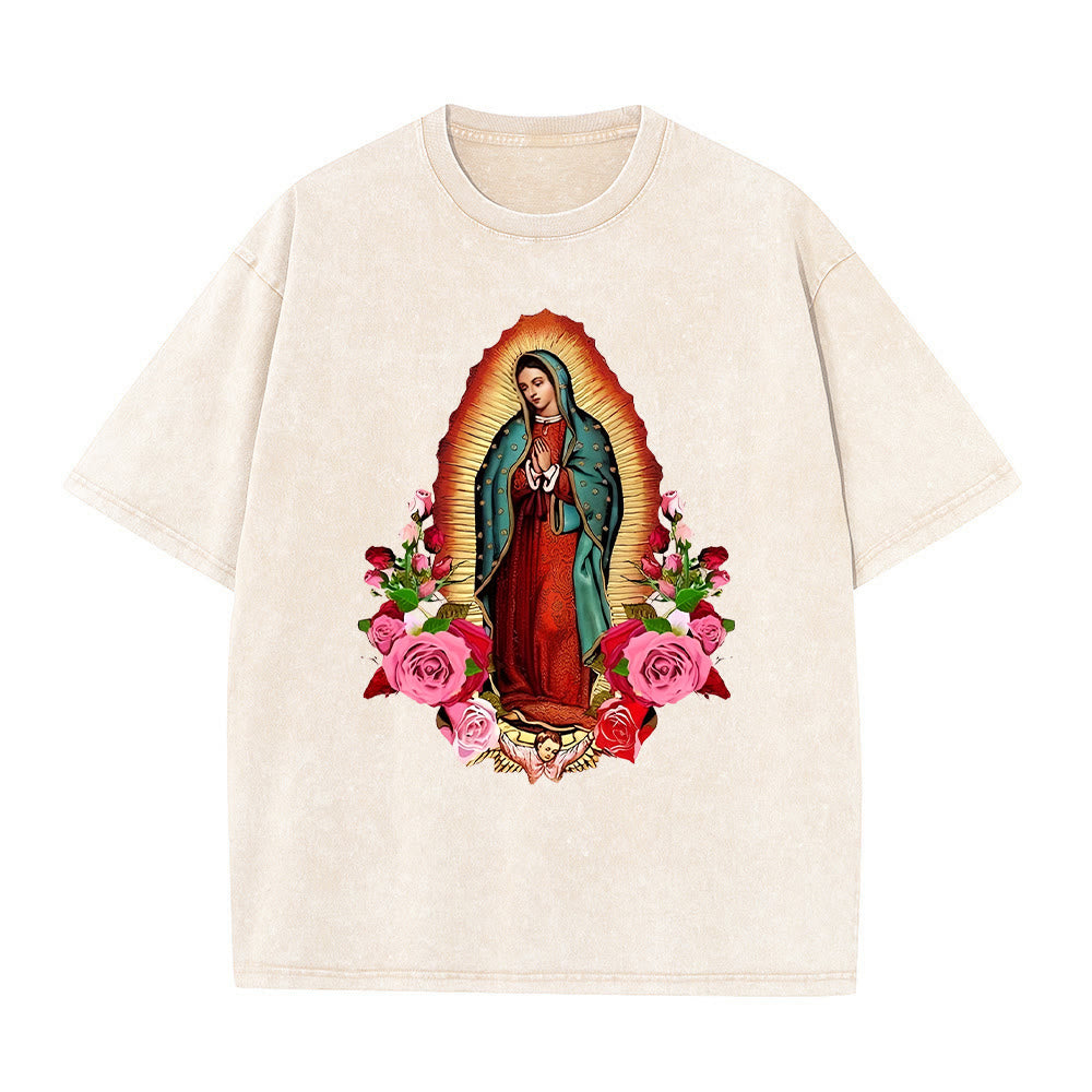 T-shirt unisexe délavé Christianartworkshop Vintage Notre-Dame de Guadalupe à motif floral - Abricot - 5XL - image 1