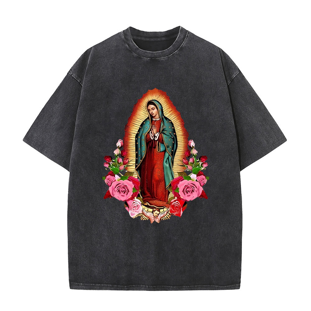 T-shirt unisexe délavé Christianartworkshop Vintage Notre-Dame de Guadalupe à motif floral - Noir - 5XL - image 0