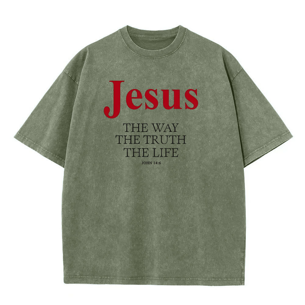 T-shirt unisexe délavé Christianartworkshop Jésus le chemin, la vérité, la vie - Vert armée - 5XL - image 1