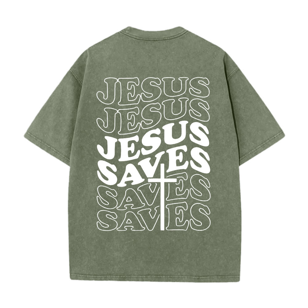 T-shirt unisexe délavé Christianartworkshop avec motif croix « Jésus sauve » - Vert armée - 5XL - image 2