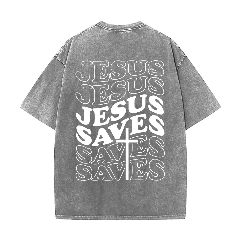 T-shirt unisexe délavé Christianartworkshop avec motif croix « Jésus sauve » - Gris - 5XL - image 0