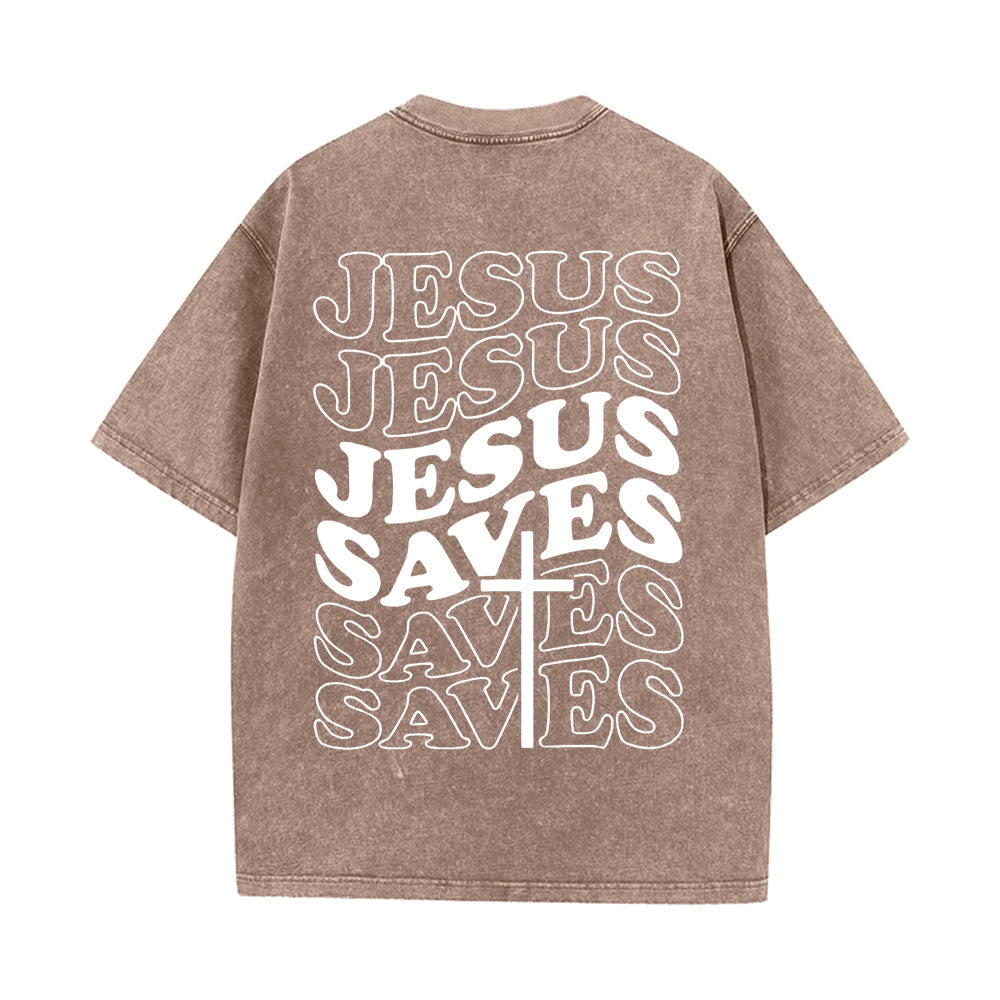 T-shirt unisexe délavé Christianartworkshop avec motif croix « Jésus sauve » - Café - 5XL - image 14