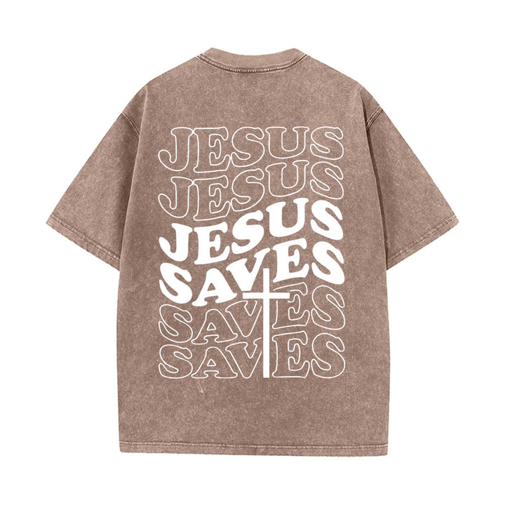 T-shirt unisexe délavé Christianartworkshop avec motif croix « Jésus sauve » - Café - 5XL - image 14