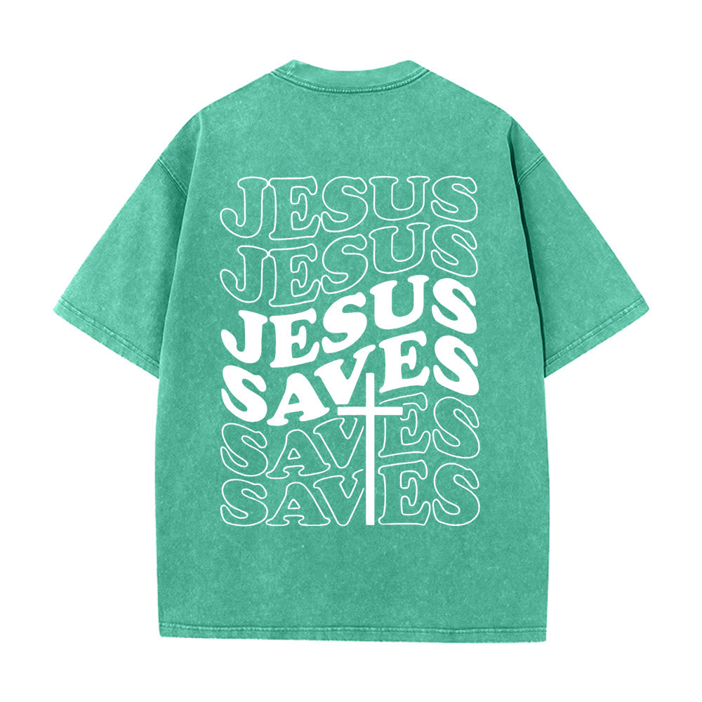 T-shirt unisexe délavé Christianartworkshop avec motif croix « Jésus sauve » - Vert - 5XL - image 12