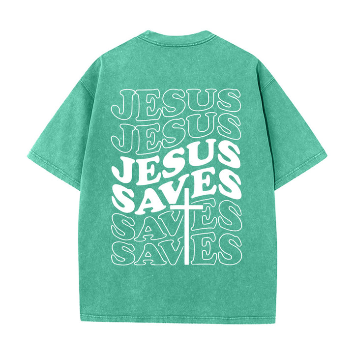 T-shirt unisexe délavé Christianartworkshop avec motif croix « Jésus sauve » - Vert - 5XL - image 12