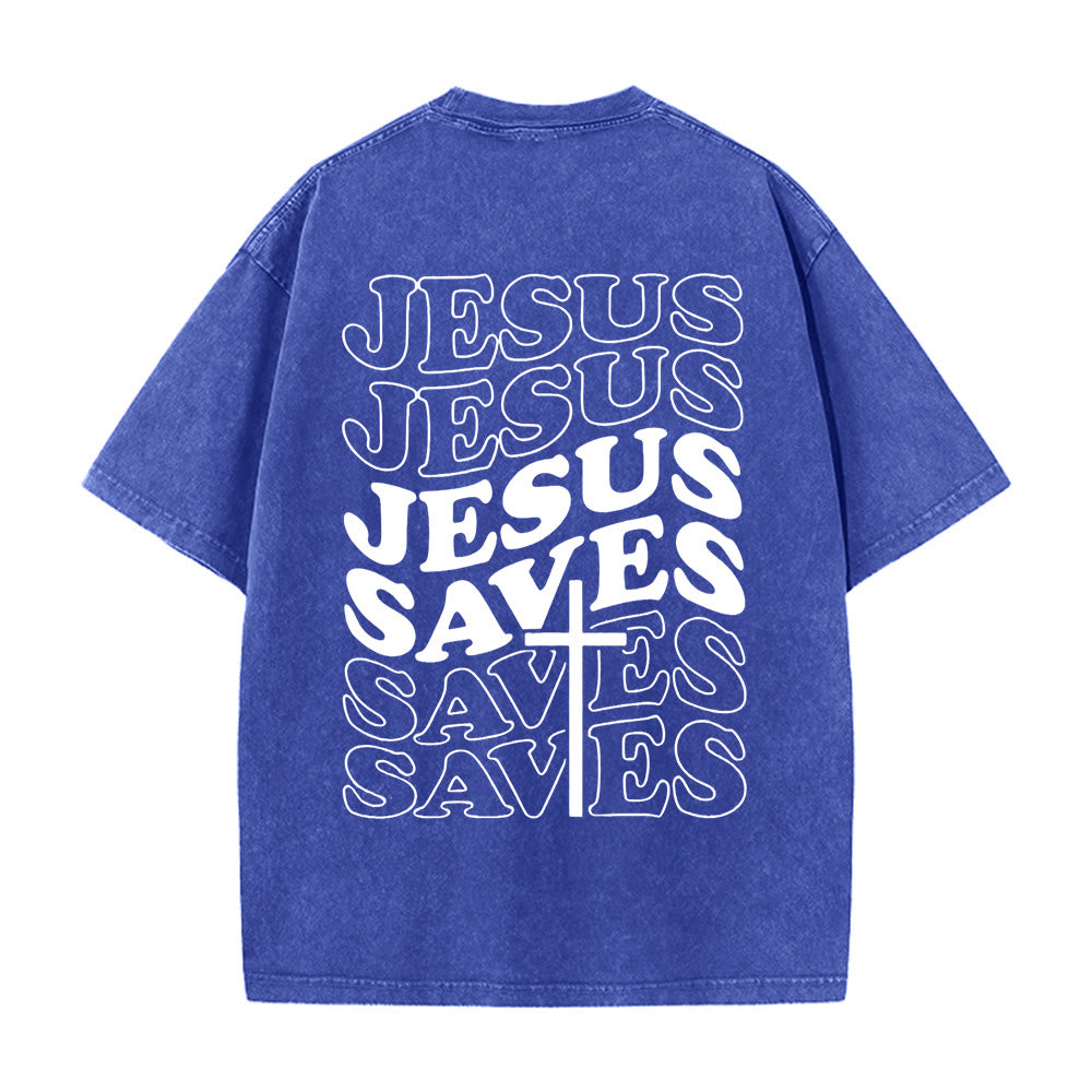 T-shirt unisexe délavé Christianartworkshop avec motif croix « Jésus sauve » - Bleu - 5XL - image 8