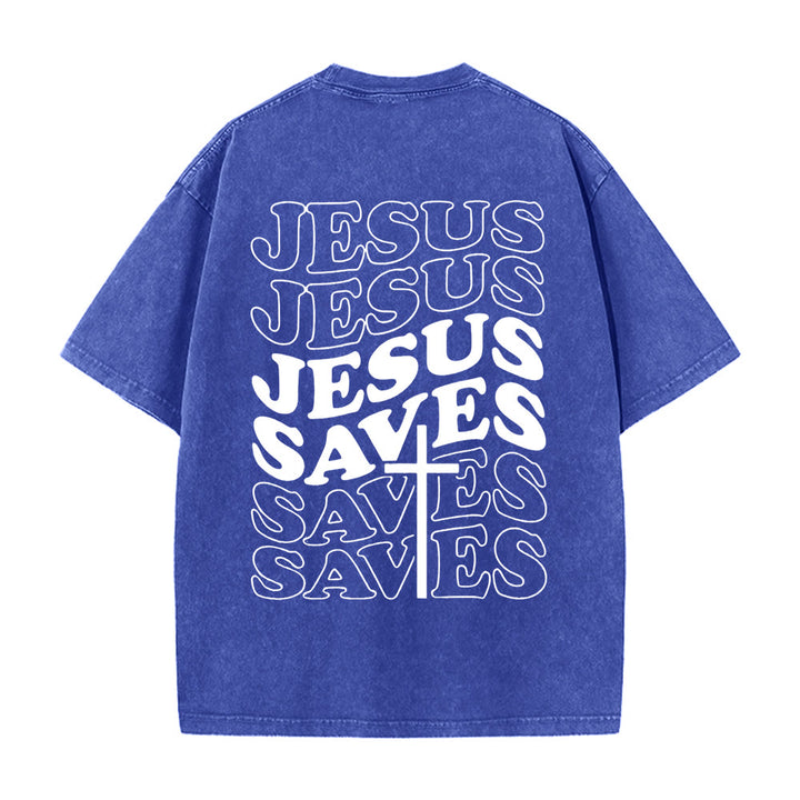 T-shirt unisexe délavé Christianartworkshop avec motif croix « Jésus sauve » - Bleu - 5XL - image 8