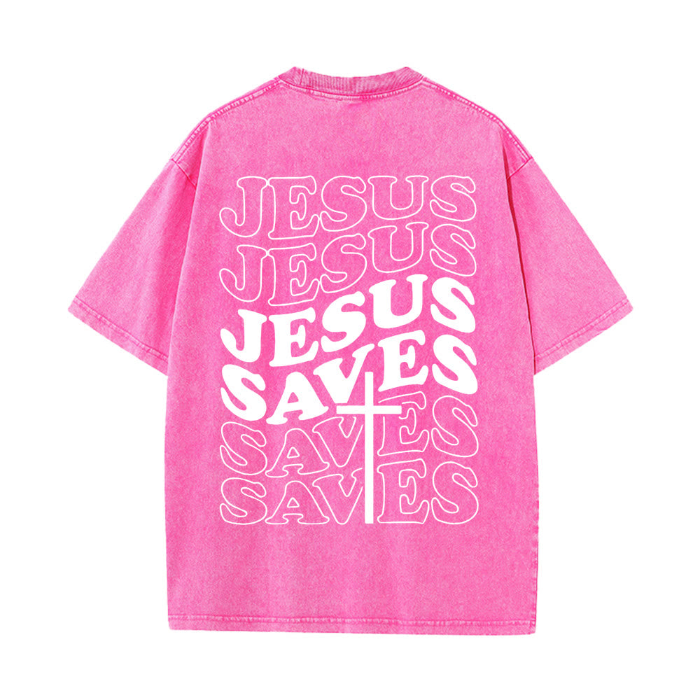 T-shirt unisexe délavé Christianartworkshop avec motif croix « Jésus sauve » - Rose - 5XL - image 10