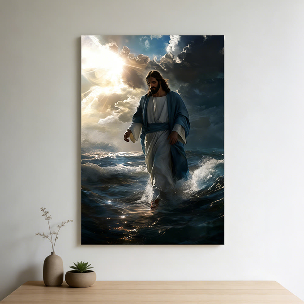 Christianartworkshop Jésus marchant sur l'eau : Calme divin et assurance sacrée (affiche murale) - Tableau sur toile encadré - 11,81 po × 15,75 po × 0,71 po / 30 × 40 × 1,8 cm - image 0