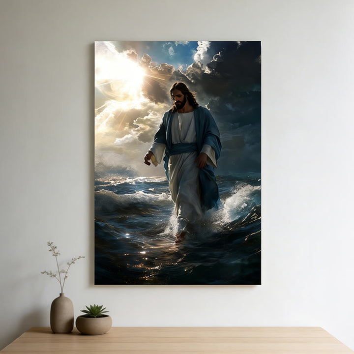 Christianartworkshop Jésus marchant sur l'eau : Calme divin et assurance sacrée (affiche murale) - Tableau sur toile encadré - 11,81 po × 15,75 po × 0,71 po / 30 × 40 × 1,8 cm - image 0