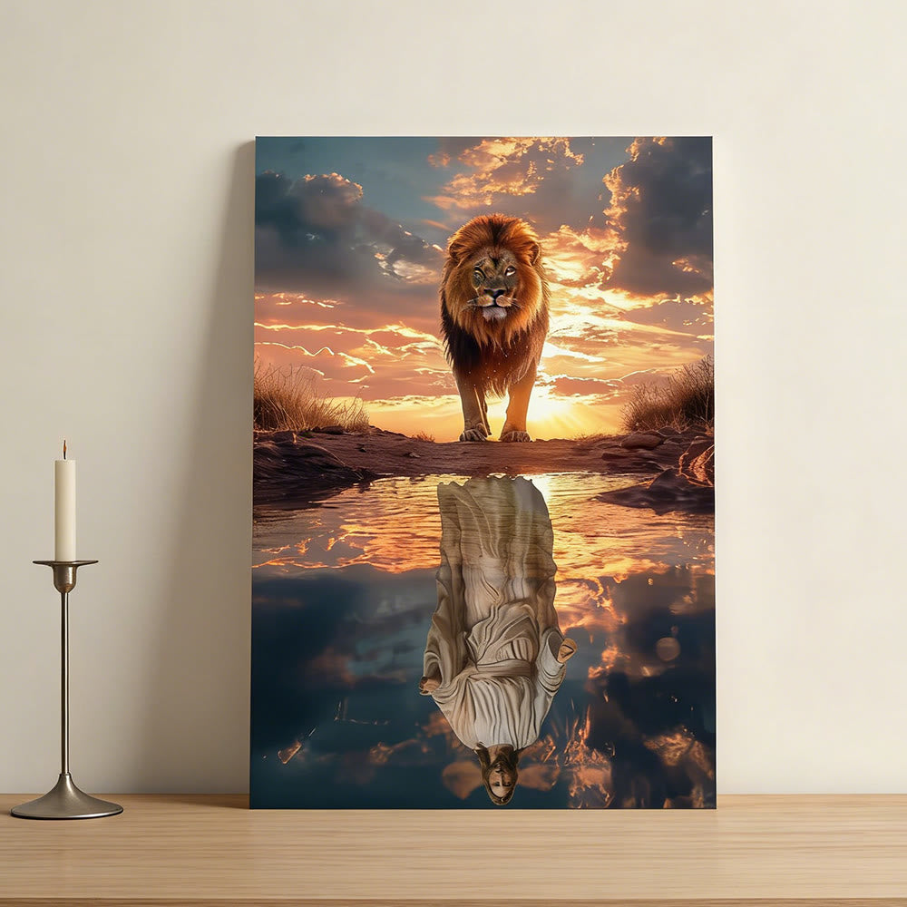 Christianartworkshop Reflet du Lion et de Jésus : Majesté divine et humilité sacrée - Affiche murale - Tableau sur toile encadré - 11,81 po × 15,75 po × 0,71 po / 30 × 40 × 1,8 cm - image 0