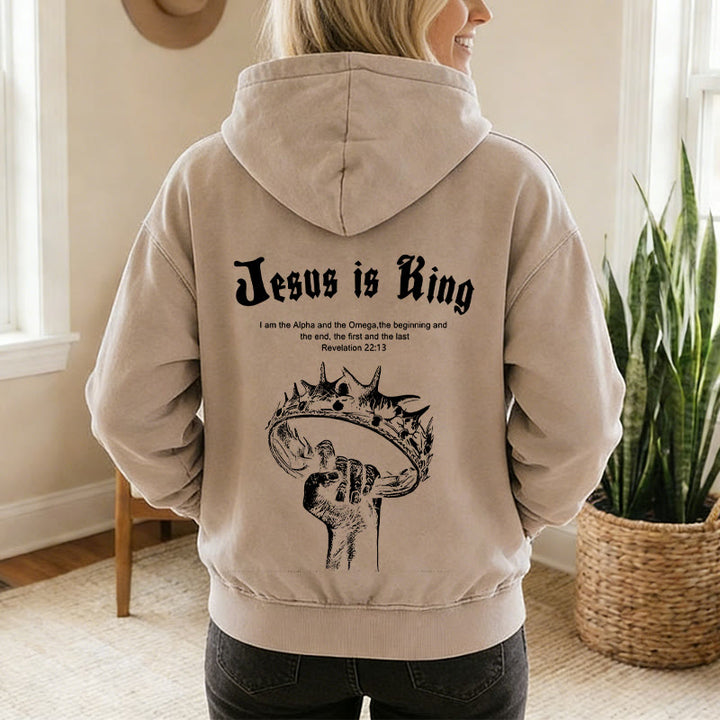 Christianartworkshop Veste à capuche zippée « Jésus est roi » : Une foi élégante inspirée de l'Apocalypse 22:13 - image 2