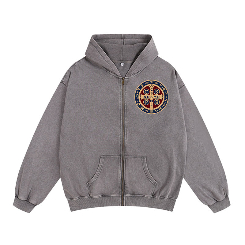 Christianartworkshop Veste à capuche zippée Croix de Saint Benoît : Protection et foi au quotidien - Gris - 2XL - image 0