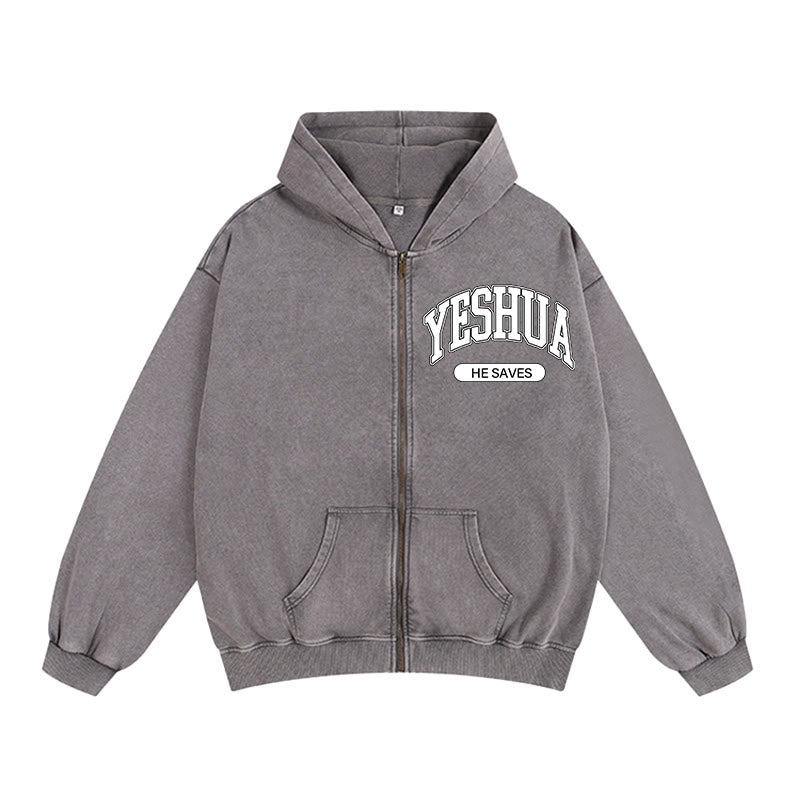 Christianartworkshop YESHUA Veste à capuche zippée graphique « Il sauve » : un mélange de foi et de mode décontractée - Gris - 2XL - image 8