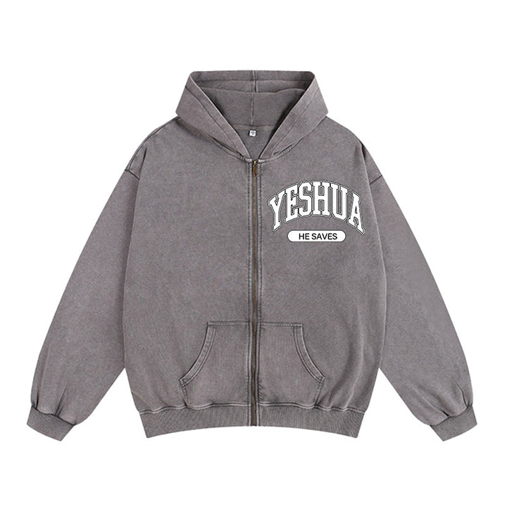 Christianartworkshop YESHUA Veste à capuche zippée graphique « Il sauve » : un mélange de foi et de mode décontractée - Gris - 2XL - image 8