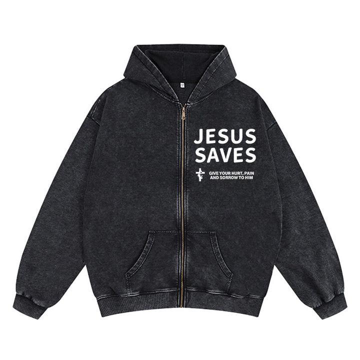 Christianartworkshop Veste à capuche zippée « Jésus sauve » : Exprimez votre foi au quotidien en toute simplicité - Noir - 2XL - image 0