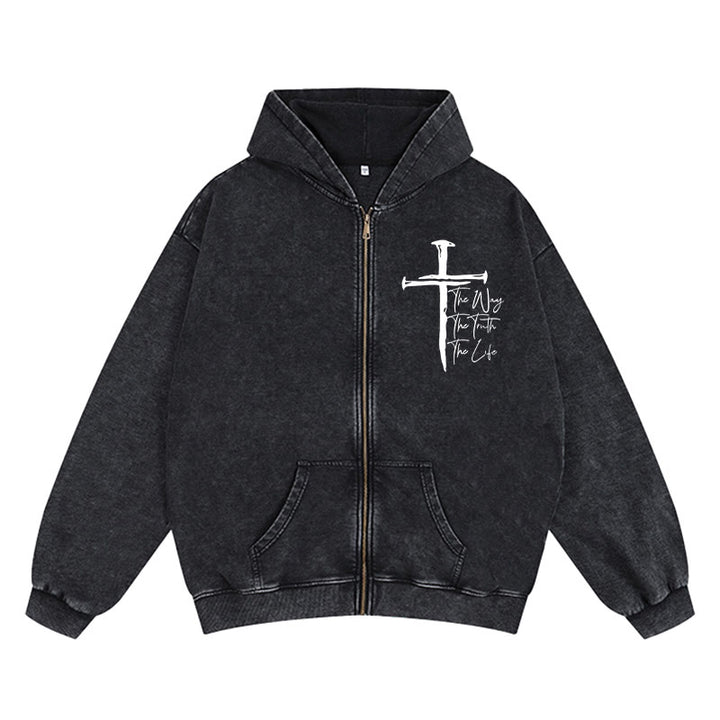 Christianartworkshop Veste à capuche zippée Faith Path Cross : Le Chemin, la Vérité, la Vie en tenue décontractée - Noir - 2XL - image 3