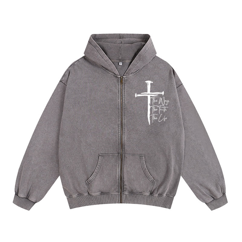 Christianartworkshop Veste à capuche zippée Faith Path Cross : Le Chemin, la Vérité, la Vie en tenue décontractée - Gris - 2XL - image 10
