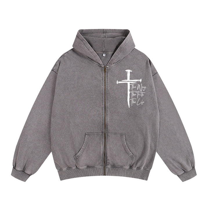 Christianartworkshop Veste à capuche zippée Faith Path Cross : Le Chemin, la Vérité, la Vie en tenue décontractée - Gris - 2XL - image 10