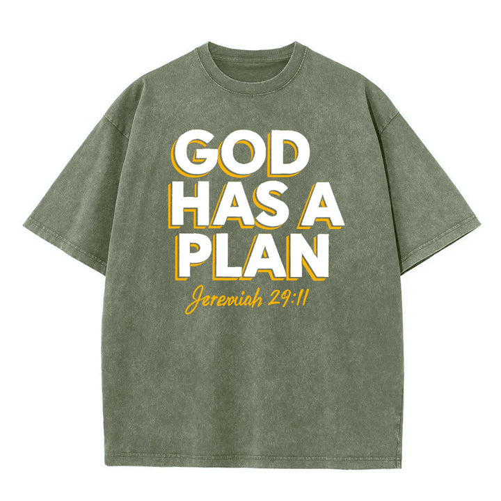 T-shirt unisexe délavé Christianartworkshop avec citation « Dieu a un plan » - Vert armée - 5XL - image 0
